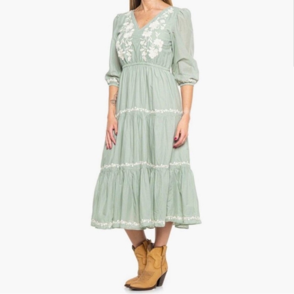 Lucky Brand Sage Tiered MIDI Embroidered Dress XS